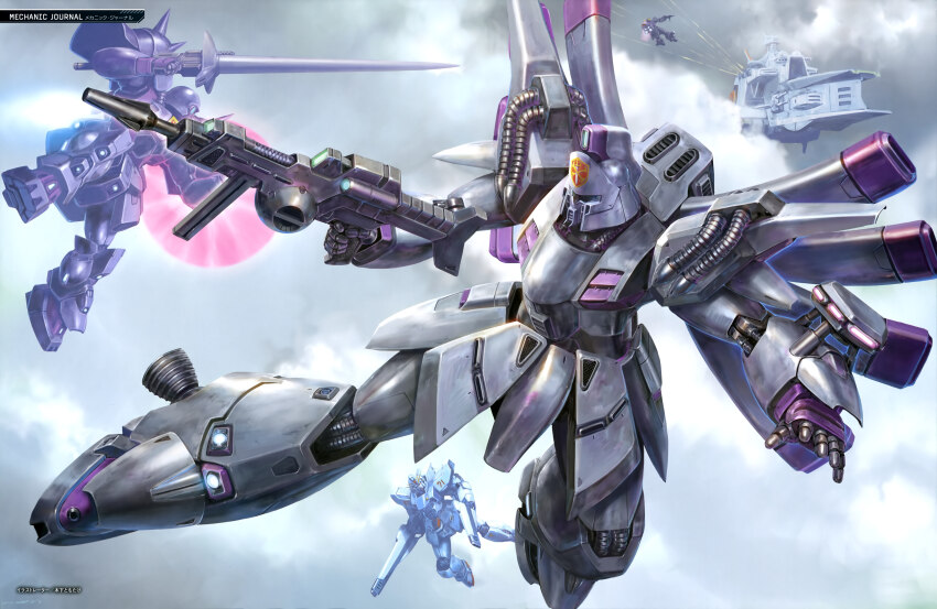 absurdres artist_request battle beam_rifle cable cloud crossbone_vanguard den&#039;an_zon emblem energy_gun f91_gundam flying gundam gundam_f91 highres logo mecha mecha_focus mobile_suit no_humans official_art promotional_art realistic robot roundel shot_lancer space_habitat spacecraft thrusters vernier_thrusters vigna_ghina weapon