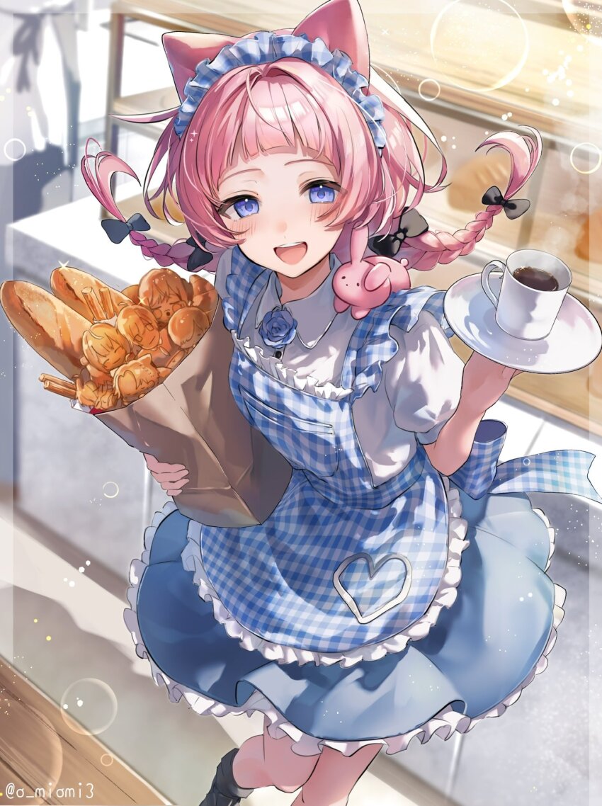 1girl :d alternate_costume apron bag bow braid bread cup dress enmaided feet_out_of_frame food hair_bow highres holding holding_bag holding_tray long_hair maid maid_headdress nijisanji open_mouth oumiomi pink_hair plaid_apron plaid_clothes puffy_sleeves purple_eyes rabbit shelf smile solo standing suo_sango table teacup tray twin_braids virtual_youtuber
