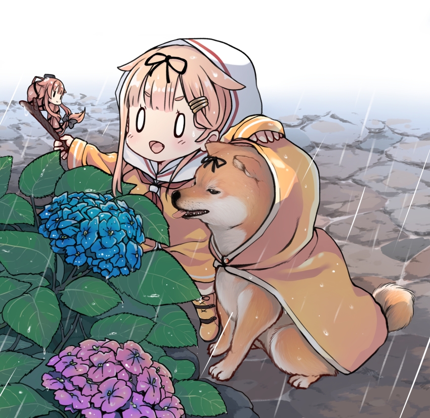 0_0 2girls absurdres animal black_ribbon blonde_hair blue_flower blush closed_mouth dog dyson_(edaokunnsaikouya) fang flower hair_flaps hair_ornament hair_ribbon hairclip highres kantai_collection leaf long_hair multiple_girls neckerchief open_mouth pink_hair purple_flower rain raincoat red_neckerchief ribbon smile yellow_raincoat yura_(kancolle) yura_(snake) yuudachi_(kancolle) yuudachi_kai_ni_(kancolle) yuudachi_kai_ni_(rainy_season)_(kancolle)