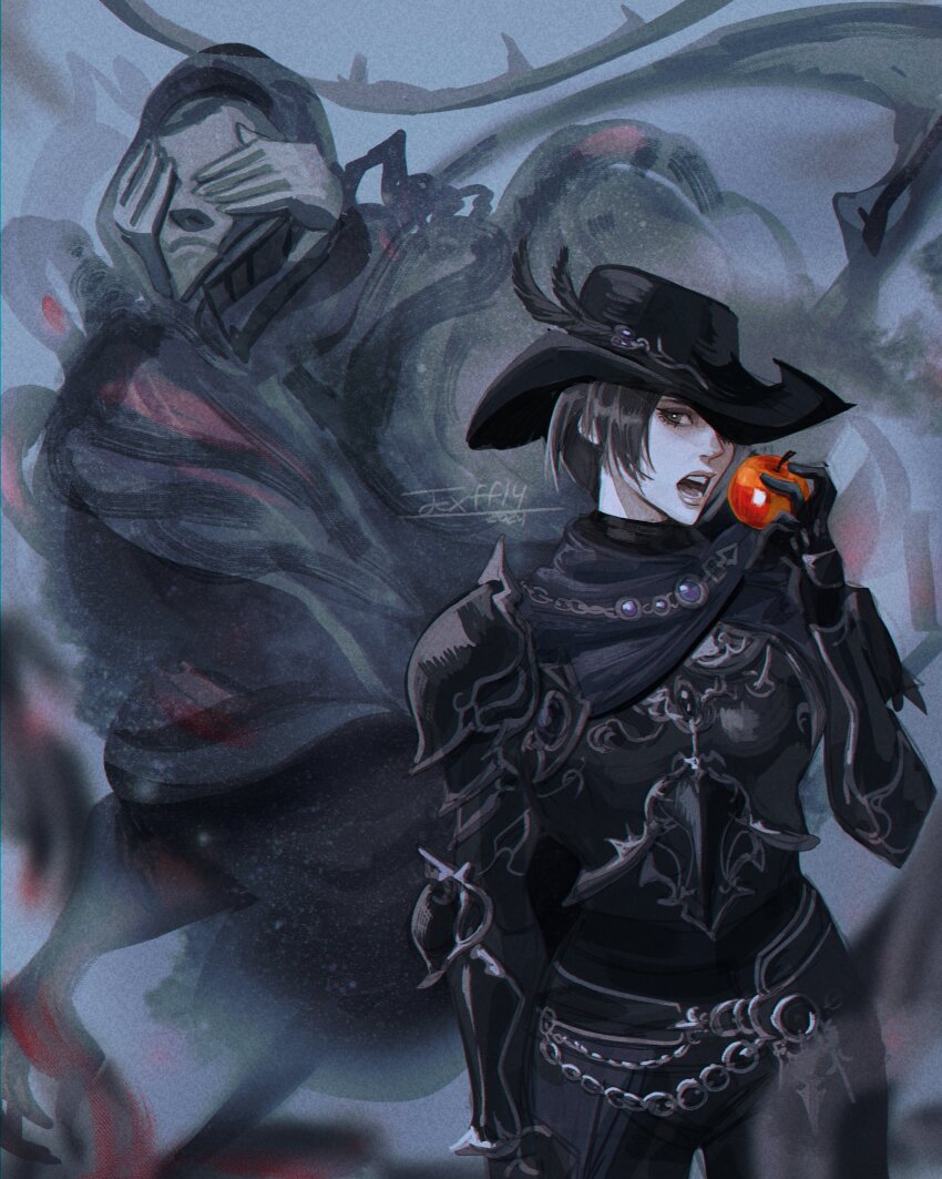1girl 1other absurdres androgynous armor black_eyes black_gloves black_hair black_hat breastplate cowboy_shot eating final_fantasy final_fantasy_xiv food fruit gloves hands_on_own_face hat hat_over_one_eye highres holding holding_food holding_fruit monster one_eye_covered open_mouth pauldrons reverse_trap short_hair shoulder_armor signature standing texd41 vambraces voidsent zero_(ff14)