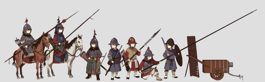6+girls armor arrow_(projectile) bow_(weapon) brigandine_(armor) cannon cavalry chinese_empire dao_(weapon) fangdan_runiu full_armor grey_background highres holding holding_polearm holding_sword holding_weapon lamellar_armor mace military ming_dynasty multiple_girls original pike_(weapon) polearm quiver saddle saddle_blanket sheath sheathed shield stirrups_(riding) sword weapon