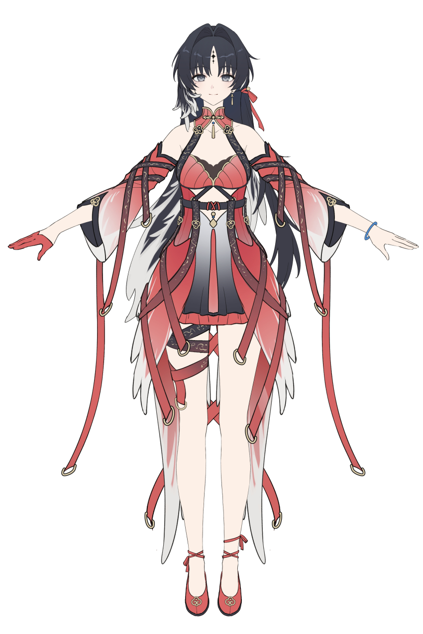 1girl absurdres bare_legs bare_shoulders black_eyes black_hair breasts chinese_commentary closed_mouth collarbone commentary_request detached_sleeves dress earrings feather_hair full_body gloves hair_intakes highres jewelry kohane_kun legs long_hair looking_at_viewer medium_breasts mole mole_under_eye parted_bangs red_dress red_gloves red_shoes reference_sheet shoes simple_background single_glove smile solo tacet_mark_(wuthering_waves) very_long_hair white_background wuthering_waves yangyang_(wuthering_waves)