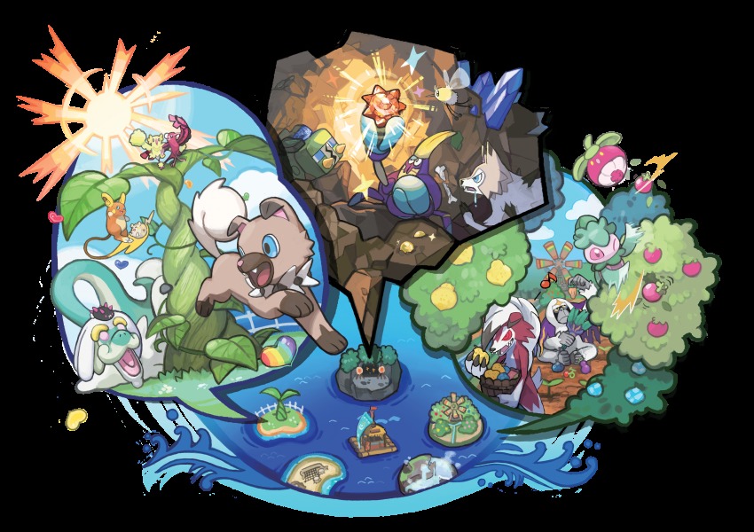 absurdres alolan_form alolan_raichu berry bounsweet charjabug crabrawler crystal cutiefly drampa evolution_stone fomantis gem gen_7_pokemon highres island lycanroc nintendo no_humans ocean official_art oricorio oricorio_(baile) oricorio_(pom-pom) passimian pokemon pokemon_(creature) pokemon_sm pyukumuku raft rockruff sun sun_stone_(pokemon) togedemaru windmill