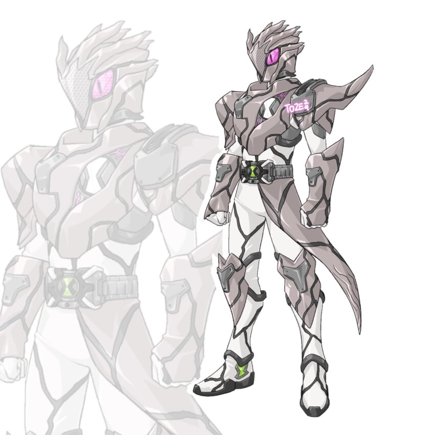 1boy alien armor belt ben_10 ben_10:_alien_force ben_10:_omniverse ben_10:_ultimate_alien ben_tennyson bodysuit breastplate compound_eyes ghostfreak grey_armor helmet highres kamen_rider omnitrix purple_eyes rider_belt shoulder_armor solo spikes to_ze tokusatsu white_bodysuit