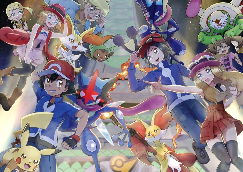 3boys 4girls absurdres animal_ears ash-greninja ash_ketchum bare_arms baseball_cap black_footwear black_hair black_thighhighs blonde_hair blue_eyes bonnie_(pokemon) boots braixen brother_and_sister brown_footwear brown_hair calem_(pokemon) chesnaught chespin clemont_(pokemon) dark-skinned_female dark_skin dedenne delphox dosya_252 eyewear_on_headwear fingerless_gloves fire fox_ears furry gen_1_pokemon gen_6_pokemon glasses gloves glowing glowing_eye greninja grey_eyes hat highres light_brown_hair lumiose_city multiple_boys multiple_girls night night_sky nintendo open_mouth pikachu pleated_skirt pokemon pokemon_(anime) pokemon_(creature) pokemon_xy pokemon_xy_(anime) red_eyes red_headwear serena_(pokemon) shauna_(pokemon) siblings skirt sky smile sunglasses teeth thighhighs