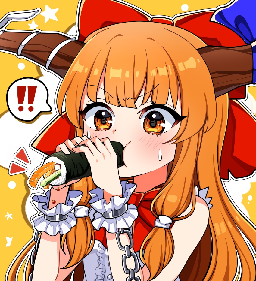 ! !! 1girl absurdres blue_ribbon blush bow buttons chain ehoumaki fellatio food food_in_mouth hair_bow highres holding holding_food horn_ornament horn_ribbon horns ibuki_suika ishiki_nuru long_hair makizushi oni_horns oral orange_eyes orange_hair red_bow ribbon setsubun sexually_suggestive shirt sidelocks simulated_fellatio solo spoken_exclamation_mark sushi torn_clothes torn_sleeves touhou upper_body white_shirt wrist_cuffs