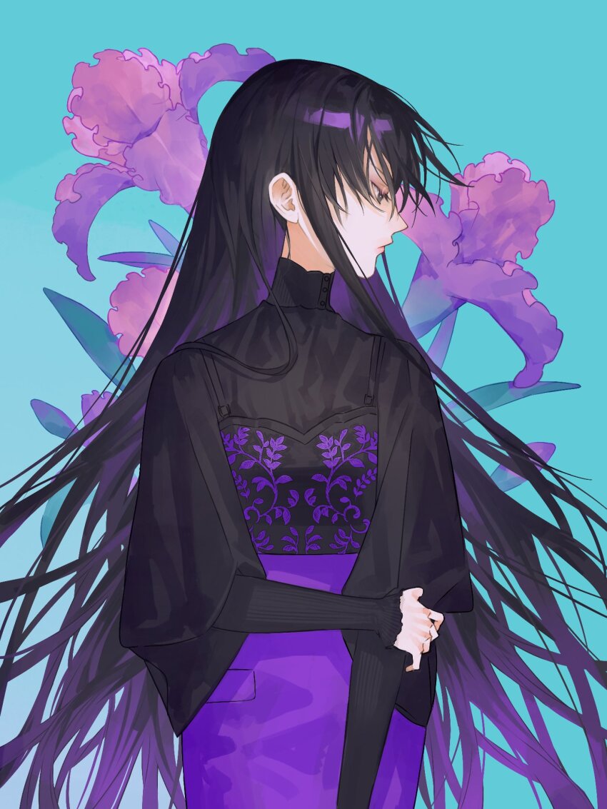 1girl aqua_background black_eyes black_hair black_shirt breasts closed_mouth cowboy_shot expressionless floral_background flower gradient_hair hand_on_own_elbow highres iris_(flower) kao_o0 layered_shirt layered_sleeves leaf_print long_hair looking_to_the_side multicolored_hair original patterned_clothing pencil_skirt profile purple_flower purple_hair purple_skirt shirt sidelocks skirt small_breasts spaghetti_strap standing straight_hair turtleneck very_long_hair