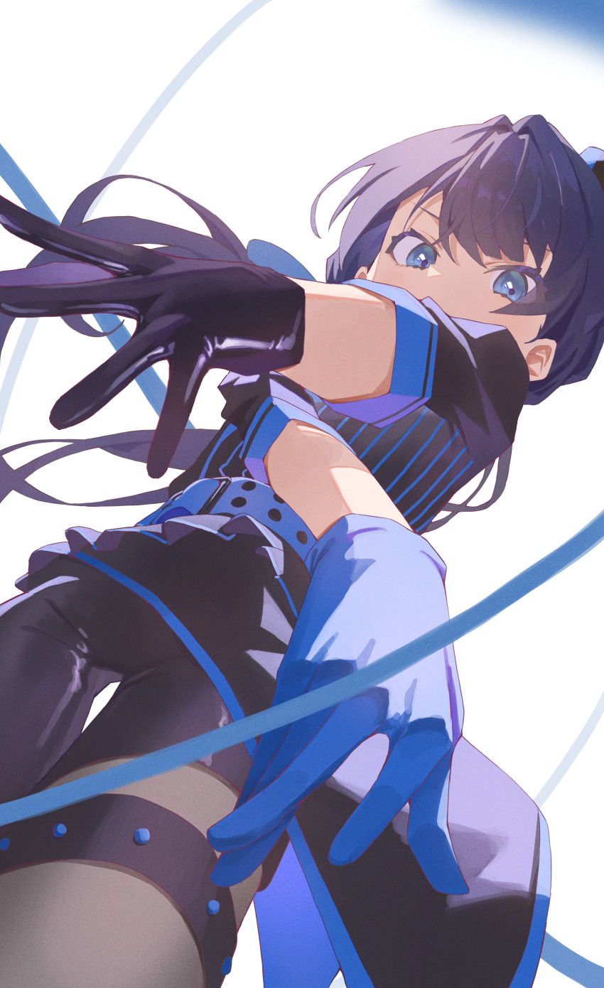 1girl absurdres asymmetrical_gloves awoke_(love_live!) belt black_gloves black_jacket black_pantyhose black_shorts blue_belt blue_eyes blue_gloves blue_hair blue_hat commentary cowboy_shot eyebrows_hidden_by_hair gloves hair_intakes hat highres jacket link!_like!_love_live! long_hair looking_at_viewer love_live! low_twintails mini_hat mismatched_gloves murano_sayaka official_alternate_costume outstretched_crossed_arms pantyhose pinstripe_jacket pinstripe_pattern shorts solo studded_belt sunkeun thigh_strap three-quarter_sleeves tilted_headwear twintails v-shaped_eyebrows white_background