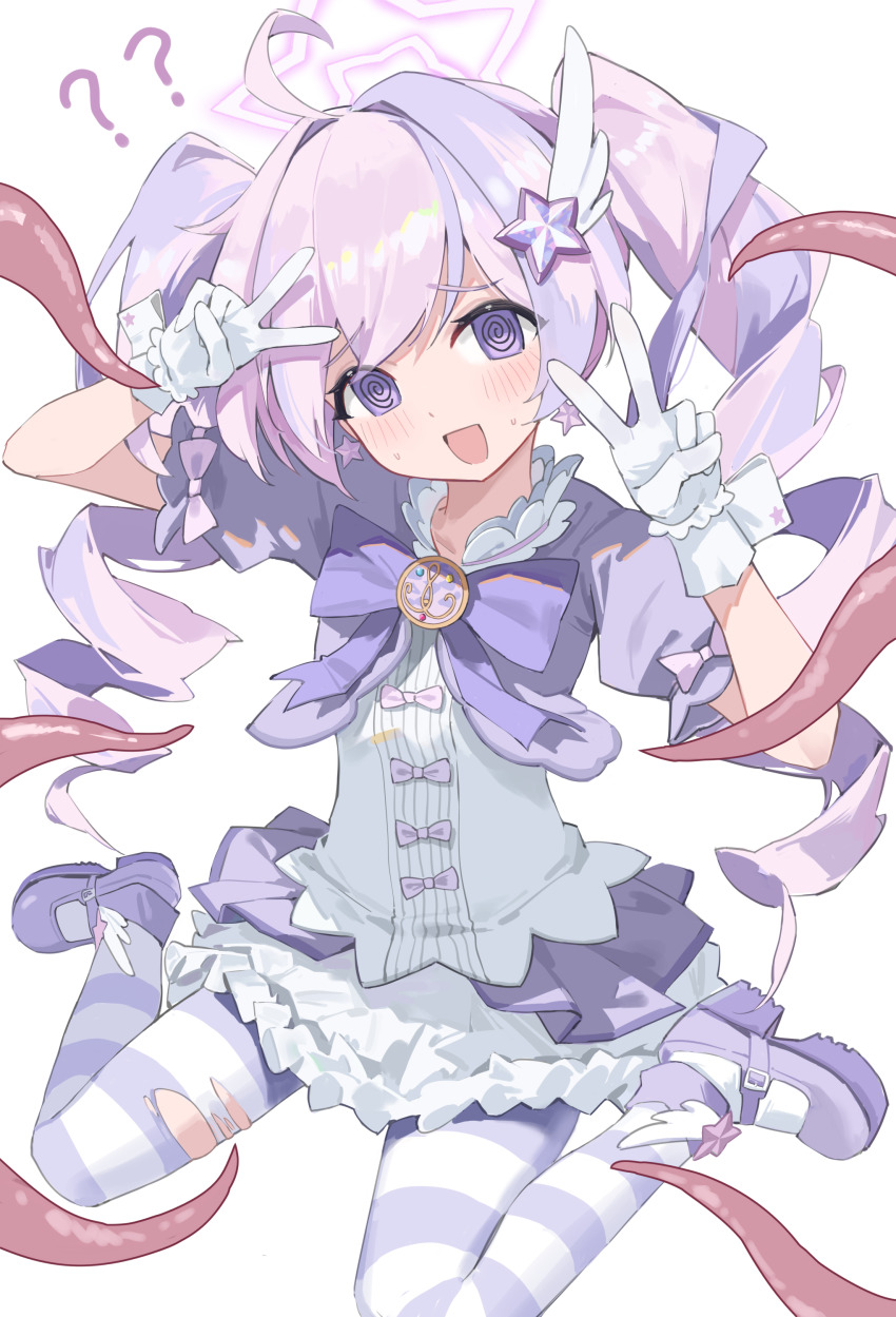 1girl @_@ absurdres blue_archive blush bow double_v drill_hair fang5hine gloves hair_ornament halo highres jacket long_hair looking_at_viewer multicolored_hair official_alternate_costume official_alternate_hairstyle open_mouth purple_bow purple_eyes purple_hair purple_halo purple_jacket purple_shoes purple_skirt purple_thighhighs reisa_(blue_archive) reisa_(magical)_(blue_archive) shirt shoes short_sleeves sidelocks skirt solo star_(symbol) star_hair_ornament striped_clothes striped_thighhighs sweat tentacles thighhighs torn_clothes torn_thighhighs twin_drills two-tone_hair v white_gloves white_shirt wing_hair_ornament