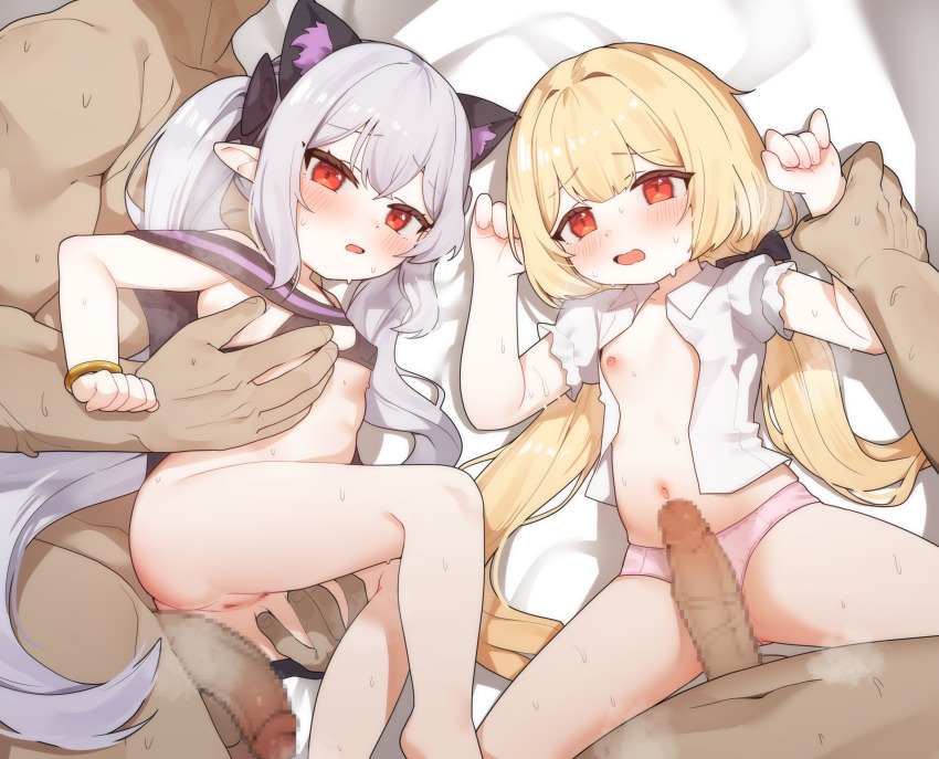 2boys 2girls absurdres blonde_hair blush breasts censored commission dungeon_and_fighter freehoney group_sex hetero highres loli long_hair lying mosaic_censoring multiple_boys multiple_girls nipples open_clothes open_shirt panties penis pink_panties pixiv_commission pointy_ears red_eyes shirt small_breasts twintails underwear white_shirt