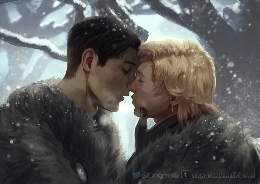 2boys bare_tree black_fur black_gloves blonde_hair brown_hair closed_eyes commentary couple dion_lesage earrings english_commentary final_fantasy final_fantasy_xvi gloves imminent_kiss jewelry maegraeth male_focus multiple_boys parted_hair piercing profile realistic short_sideburns snowing terrence_(ff16) tree tumblr_logo tumblr_username twitter_logo twitter_username upper_body winter yaoi