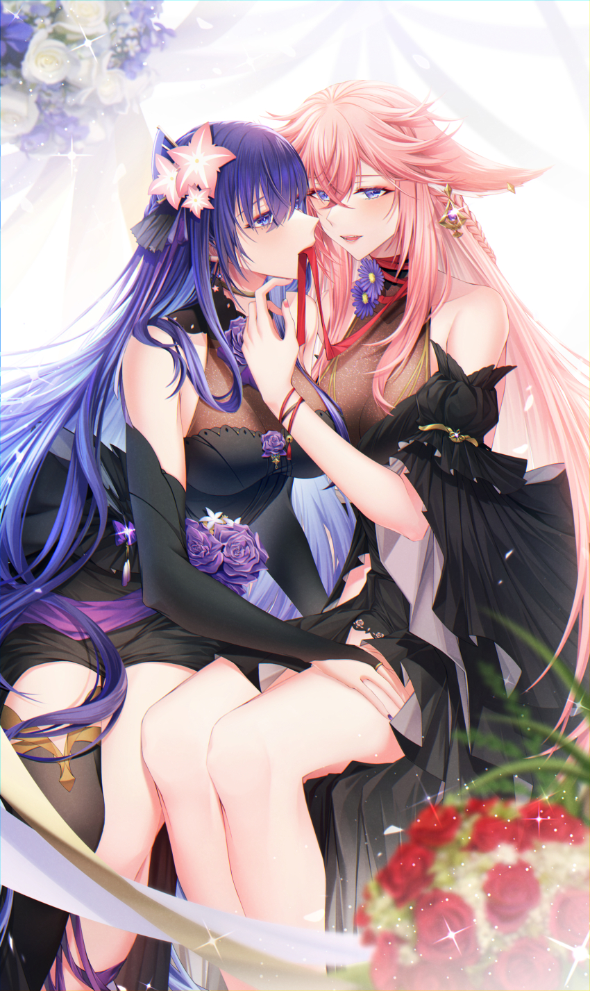 2girls absurdres animal_ears black_dress black_thighhighs blurry blurry_foreground breasts bridal_gauntlets cleavage commentary_request detached_sleeves dress earrings flower fox_ears genshin_impact hair_flower hair_ornament hand_on_another&#039;s_chin hand_on_another&#039;s_thigh highres jewelry large_breasts long_hair looking_at_another mouth_hold multiple_girls parted_lips pink_flower pink_hair purple_eyes purple_flower purple_hair raiden_shogun red_flower red_ribbon ribbon ribbon_in_mouth sieka_(piiroinardesco) single_thighhigh sitting sleeveless sleeveless_dress smile sparkle thighhighs yae_miko yuri