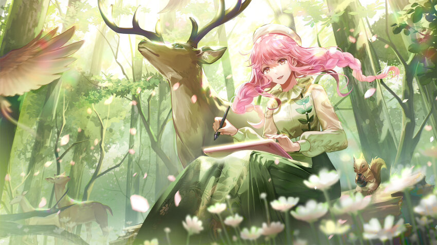 1girl artist_request beret bird braid chinese_commentary collared_shirt commentary_request day deer drawing_(action) drawing_tablet eyelashes feet_out_of_frame floating_hair flower forest frilled_shirt_collar frills green_ribbon green_shirt green_skirt happy hat high-waist_skirt highres holding holding_stylus leaf_print log long_hair long_skirt long_sleeves looking_at_object low_twin_braids nature nikki_(nikki) nikki_(series) official_art outdoors petals pink_eyes pink_hair pleated_skirt puffy_long_sleeves puffy_sleeves ribbon second-party_source shining_nikki shirt sidelocks sitting sitting_on_log skirt sleeve_ribbon solo squirrel stylus twin_braids wavy_hair white_flower white_hat