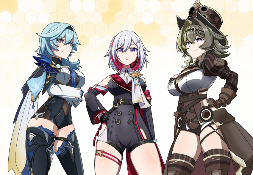 3girls black_bodysuit black_shorts black_thighhighs blue_hair bodysuit breasts brown_corset brown_hair brown_thighhighs colored_inner_hair company_connection corset eula_(genshin_impact) genshin_impact grey_eyes hair_intakes hand_on_own_hip hat honkai:_star_rail honkai_(series) honkai_impact_3rd large_breasts long_hair looking_at_viewer medium_hair mihoyo multicolored_hair multiple_girls nabeiro_kin red_hair short_hair short_shorts shorts simple_background thighhighs thighs top_hat topaz_(honkai:_star_rail) two-tone_hair vill-v white_hair yellow_background yellow_eyes zettai_ryouiki