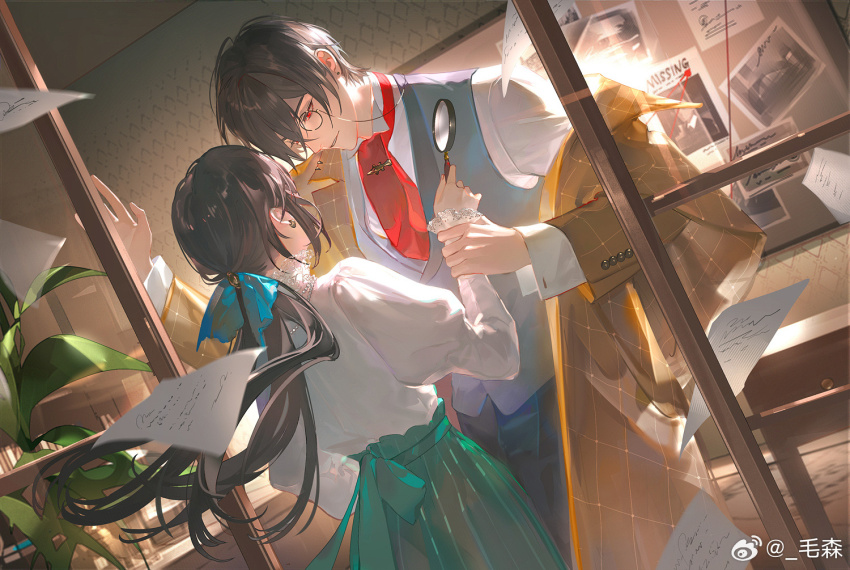 1boy 1girl aqua_bow ascot ayn_alwyn black_hair blue_pants blue_vest bow brown_coat bulletin_board chinese_commentary coat cowboy_shot cuff_links earrings facing_away flying_paper green_skirt hair_between_eyes hair_bow height_difference heroine_(lovebrush_chronicles) holding holding_another&#039;s_wrist holding_magnifying_glass indoors jewelry juliet_sleeves lace-trimmed_shirt_collar lace-trimmed_sleeves lace_trim lapels long_sleeves looking_at_another lovebrush_chronicles low_ponytail magnifying_glass maosen missing_poster monocle notched_lapels open_clothes open_coat pants paper parted_lips plaid_clothes plaid_coat plant ponytail puffy_sleeves red_ascot red_eyes shirt short_hair single_off_shoulder skirt smile standing stud_earrings tie_clip tuxedo_shirt vest watermark weibo_watermark white_shirt