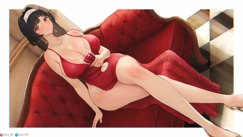 1girl astra_yao bare_legs bead_necklace beads black_hair border breasts checkered_floor couch crossed_legs cup dan-98 dress drinking_glass earrings grin hairband high_heels highres holding holding_cup jewelry large_breasts necklace red_dress red_eyes sitting smile solo thighs white_border white_hairband wine_glass zenless_zone_zero