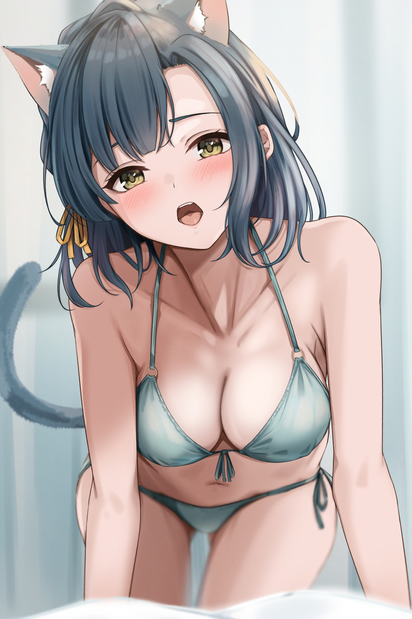 1girl absurdres all_fours animal_ear_fluff animal_ears bikini blue_bikini blue_hair blush braid breasts cat_ears cat_girl cat_tail collarbone crown_braid highres idolmaster idolmaster_million_live! kemonomimi_mode looking_at_viewer medium_breasts nanao_yuriko navel open_mouth short_hair side-tie_bikini_bottom solo swimsuit tail yellow_eyes yuzuyu_(hyui)