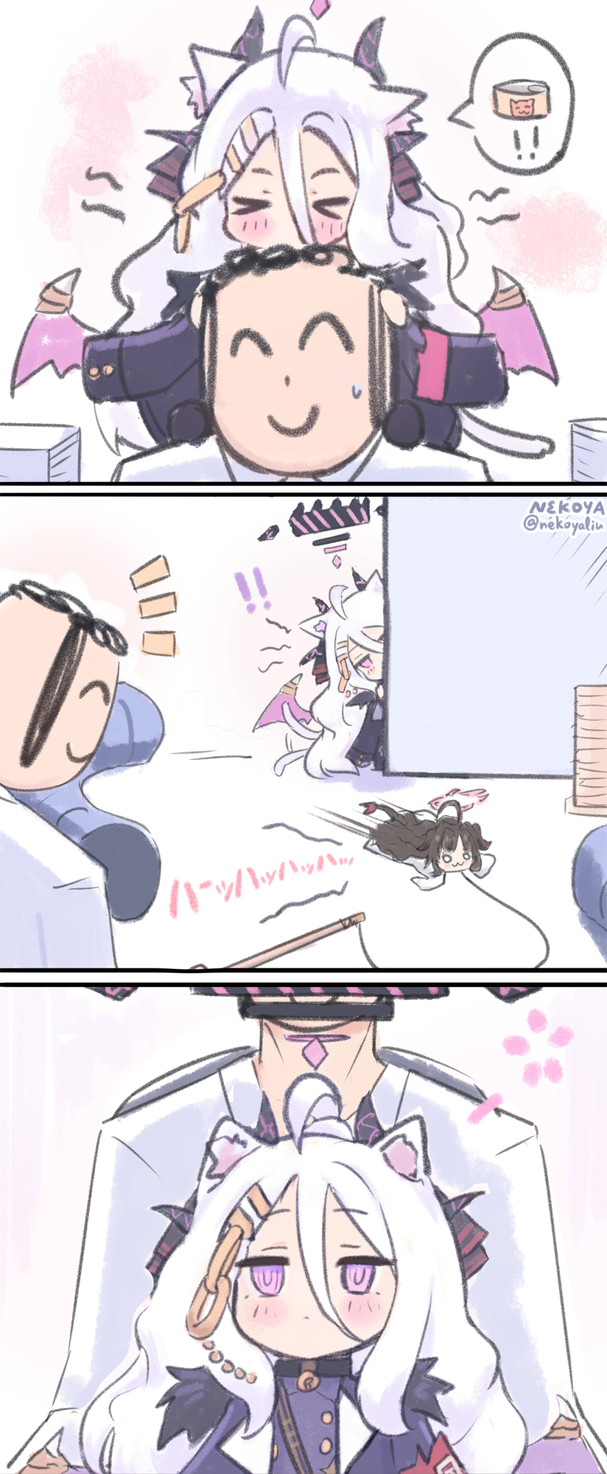 ! !! &gt;_&lt; 1boy 1girl ^_^ absurdres ahoge animal_ears bad_source black_halo black_horns blue_archive blush cat_ears cat_tail closed_eyes commentary_request doodle_sensei_(blue_archive) hair_between_eyes halo highres hina_(blue_archive) horns kemonomimi_mode multiple_horns nekoya_(liu) notice_lines peeking_out purple_eyes sensei_(blue_archive) shirt small_sweatdrop smile tail tail_wagging white_shirt