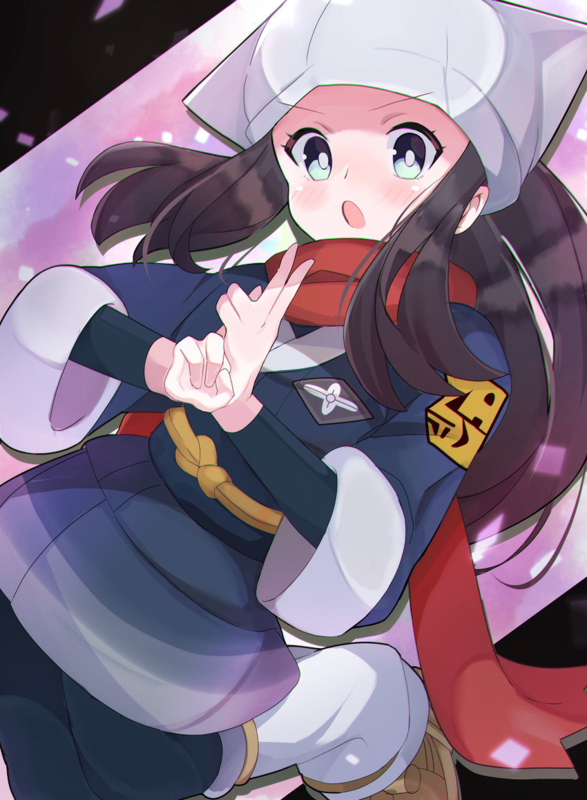 1girl akari_(pokemon) alternate_eye_color arm_warmers black_hair black_sash black_shirt black_undershirt blue_jacket blue_leggings blush bright_pupils brown_sandals dutch_angle eyelashes flat_chest floating_hair floating_scarf galaxy_expedition_team_survey_corps_uniform gradient_clothes gradient_skirt green_eyes hanten_(clothes) headscarf high_ponytail highres jacket japanese_clothes kimono leg_up leggings light_blush long_hair long_sleeves looking_at_viewer loose_socks miniskirt nintendo obi open_mouth pokemon pokemon_legends:_arceus ponytail red_scarf sandals sash scarf shirt sidelocks skin_tight skirt socks solo tongue umiru undershirt v-shaped_eyebrows white_headscarf white_headwear white_pupils white_socks wide_sleeves