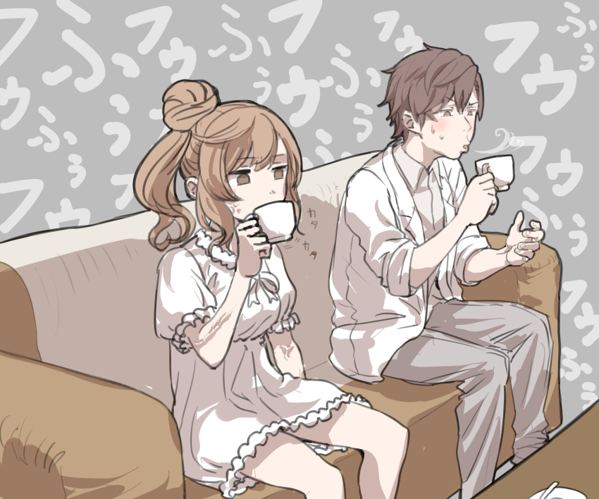 1boy 1girl absurdres anger_vein blazer blowing_on_food blush brown_eyes brown_hair brown_pants cevio collared_shirt commentary_request couch dress drinking feet_out_of_frame frilled_dress frills grey_background hair_bun half-closed_eyes hand_up highres jacket looking_at_object mashima_jirou no_pupils on_couch open_clothes open_jacket pants puffy_short_sleeves puffy_sleeves satou_sasara shirt short_dress short_hair short_sleeves side_ponytail single_side_bun sitting sleeves_rolled_up sound_effects sweat table takahashi_amato translation_request trembling v-shaped_eyebrows veins white_dress white_jacket