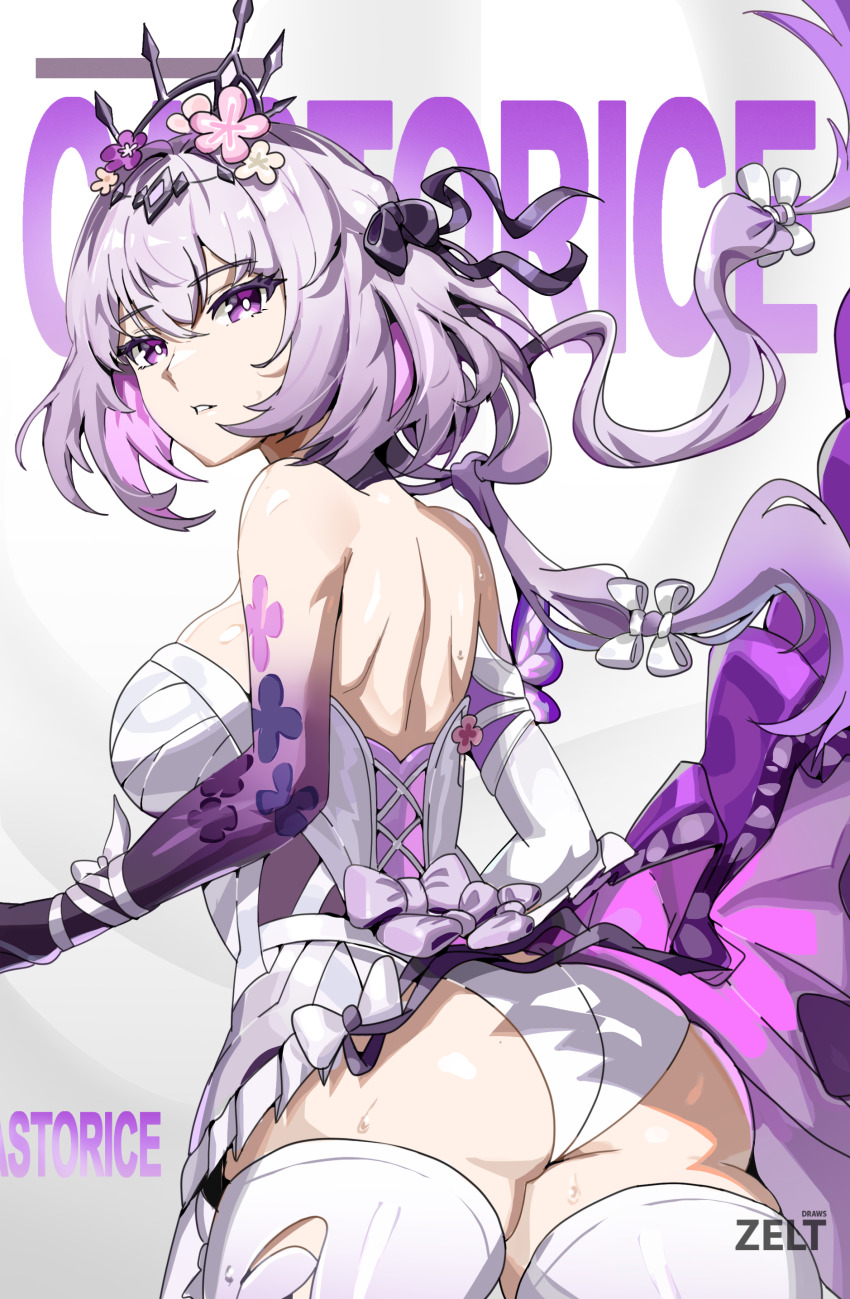 1girl absurdres ass back backless_dress backless_outfit bare_shoulders black_tiara breasts castorice_(honkai:_star_rail) character_name dress flower from_behind gloves hair_flower hair_ornament highres honkai:_star_rail honkai_(series) long_hair medium_breasts panties purple_gloves purple_hair simple_background solo thighhighs tiara underwear white_background white_dress white_panties white_thighhighs zelt