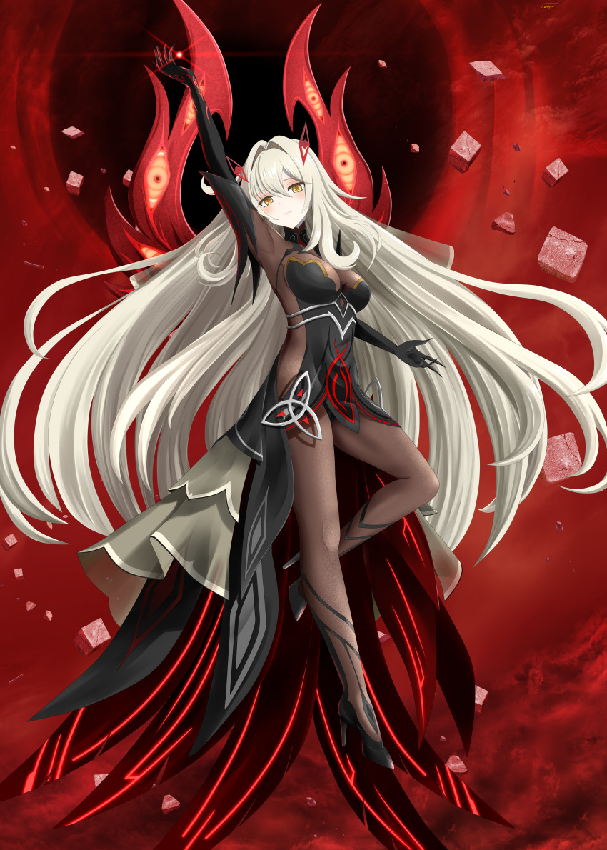 1girl absurdres arm_up black_bodystocking black_claws black_dress black_hands black_shoes breasts closed_mouth colored_extremities commentary_request covered_armpit cube dress elsolyma expressionless eye_hair_ornament eye_symbol eyes_on_wings full_body genshin_impact hair_between_eyes hair_intakes hair_ornament high_heels highres large_breasts long_hair looking_at_viewer making-of_available powering_up pumps red_wings ronova_(genshin_impact) shoes solo symbol-shaped_pupils very_long_hair white_hair wings yellow_eyes