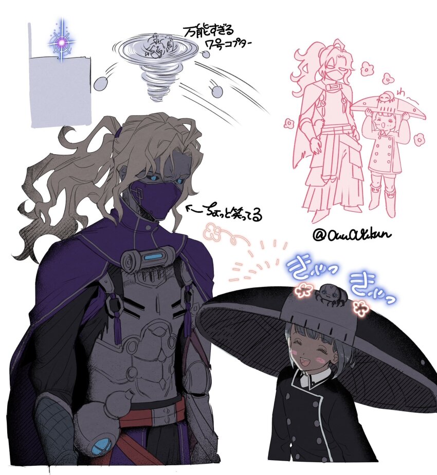 1boy 1girl black_sclera blonde_hair blue_eyes blush_stickers bug cloak closed_eyes colored_sclera ender_lilies_quietus_of_the_knights ender_magnolia_bloom_in_the_mist grey_hair hat highres lilac_(ender_magnolia) mask motley_(ender_magnolia) no.7_(ender_magnolia) open_mouth ponytail samurai short_hair sketch smile spider translation_request wide_brim yunosuke_(ouuouukun)