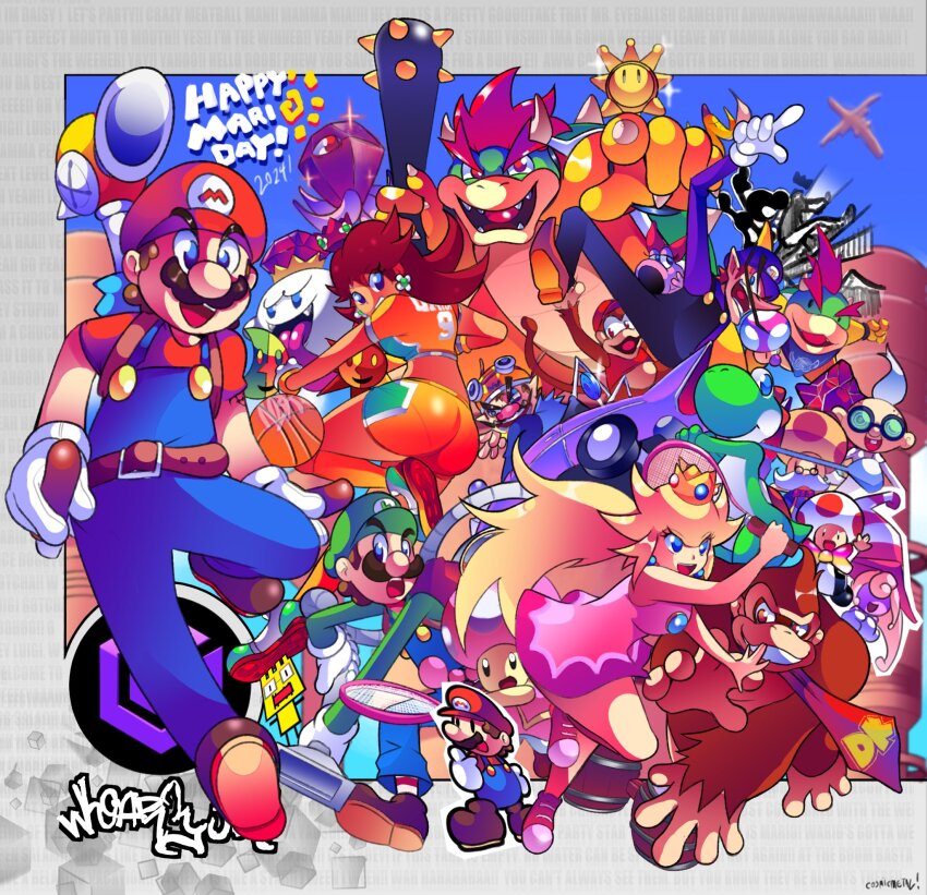 2girls 6+boys _double_dash!! ass ball banana_peel basketball basketball_(object) birdo black_jewel blonde_hair blue_eyes bowser bowser_jr. brighton brown_hair crown diddy_kong donkey_kong donkey_kong_(series) donkey_konga dress f.l.u.d.d. facial_hair fronk glasses gloves grin hat highres king_boo long_hair looking_at_viewer luigi luigi&#039;s_mansion mario mario_(series) mario_golf mario_k mario_kart mario_party mario_party_4 mario_party_6 mario_strikers_(series) mario_superstar_baseball mario_tennis mini_mushroom mr._game_&amp;_watch multiple_boys multiple_girls mustache nintendo open_mouth overalls paper_mario paper_mario:_the_thousand-year_door princess_daisy princess_peach professor_elvin_gadd puffy_short_sleeves puffy_sleeves racket red_hair shine_sprite short_sleeves shorts skirt smile spiked_shell super_mario_strikers super_mario_sunshine super_smash_bros. tennis_racket toad_(mario) toadette toadsworth twila_(mario) twintails vivian_(paper_mario) waluigi wario wario_land wario_world warioware
