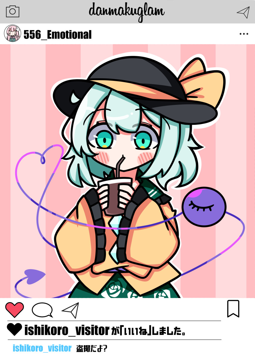 1girl :t absurdres black_hat blue_shirt blush blush_stickers bow buttons cup diamond_button disposable_cup drinking drinking_straw drinking_straw_in_mouth floral_print frilled_shirt_collar frilled_sleeves frills green_eyes green_hair green_skirt hat hat_bow hata_no_kokoro heart heart_of_string highres holding holding_cup instagram komeiji_koishi light_green_hair long_hair long_sleeves mask mask_on_head medium_hair pink_background pink_hair rose_print shirt skirt sleeves_past_wrists social_network solo standing striped_background third_eye touhou translation_request two-tone_background waroemon yellow_bow yellow_shirt