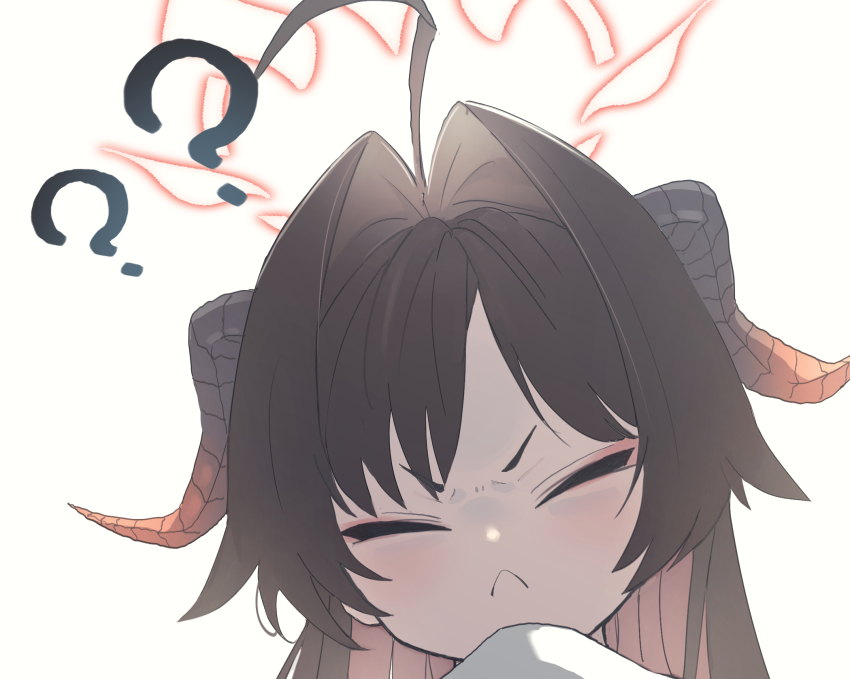 1girl :&lt; ? ?? ahoge black_hair blue_archive close-up closed_eyes demon_girl demon_horns facing_viewer hair_intakes halo highres horns kabanoki kasumi_(blue_archive) solo white_background