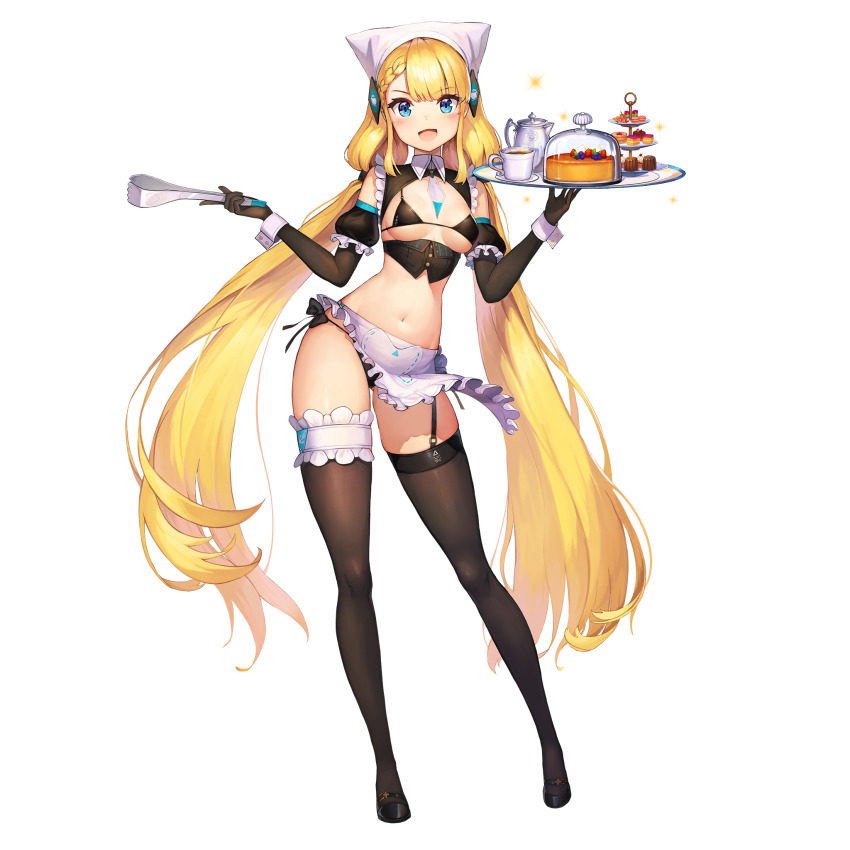 1girl apron bikini black_thighhighs blonde_hair blue_eyes blush braid breasts cake cup elbow_gloves food full_body garter_straps gloves headscarf highres last_origin long_hair looking_at_viewer low_twintails maid maid_bikini midriff navel official_art open_clothes open_mouth paintale single_braid small_breasts smile solo swimsuit tachi-e tea teacup thighhighs tongs transparent_background tray twintails unconventional_maid undine_(last_origin) very_long_hair waist_apron white_headscarf wrist_cuffs