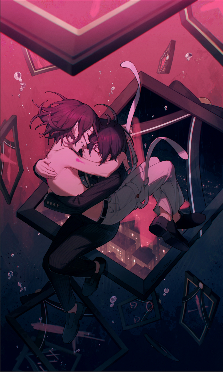 2boys ahoge black_hair black_jacket black_pants black_shoes closed_eyes closed_mouth danganronpa_(series) danganronpa_v3:_killing_harmony ewa_(seraphhuiyu) facing_another grin highres hug iei jacket long_sleeves male_focus multiple_boys oma_kokichi pants pink_background purple_hair saihara_shuichi shoes short_hair smile striped_clothes striped_jacket striped_pants teeth topless_male