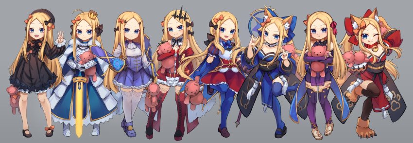 1girl abigail_williams_(fate) artoria_pendragon_(fate) baobhan_sith_(fate) baobhan_sith_(fate)_(cosplay) blonde_hair blue_eyes blush breasts cosplay fate/grand_order fate/stay_night fate_(series) forehead full_body highres kama_(fate) kama_(fate)_(cosplay) kama_(first_ascension)_(fate) leonardo_da_vinci_(fate) leonardo_da_vinci_(fate/grand_order) leonardo_da_vinci_(rider)_(fate) long_hair looking_at_viewer melusine_(fate) melusine_(fate)_(cosplay) melusine_(second_ascension)_(fate) miya_(miyaruta) multiple_views parted_bangs saber_(fate) saber_(fate)_(cosplay) small_breasts stuffed_animal stuffed_toy tamamo_(fate) tamamo_cat_(fate) tamamo_cat_(fate)_(cosplay) tamamo_cat_(first_ascension)_(fate) tamamo_no_mae_(fate)_(cosplay) tamamo_no_mae_(fate) teddy_bear
