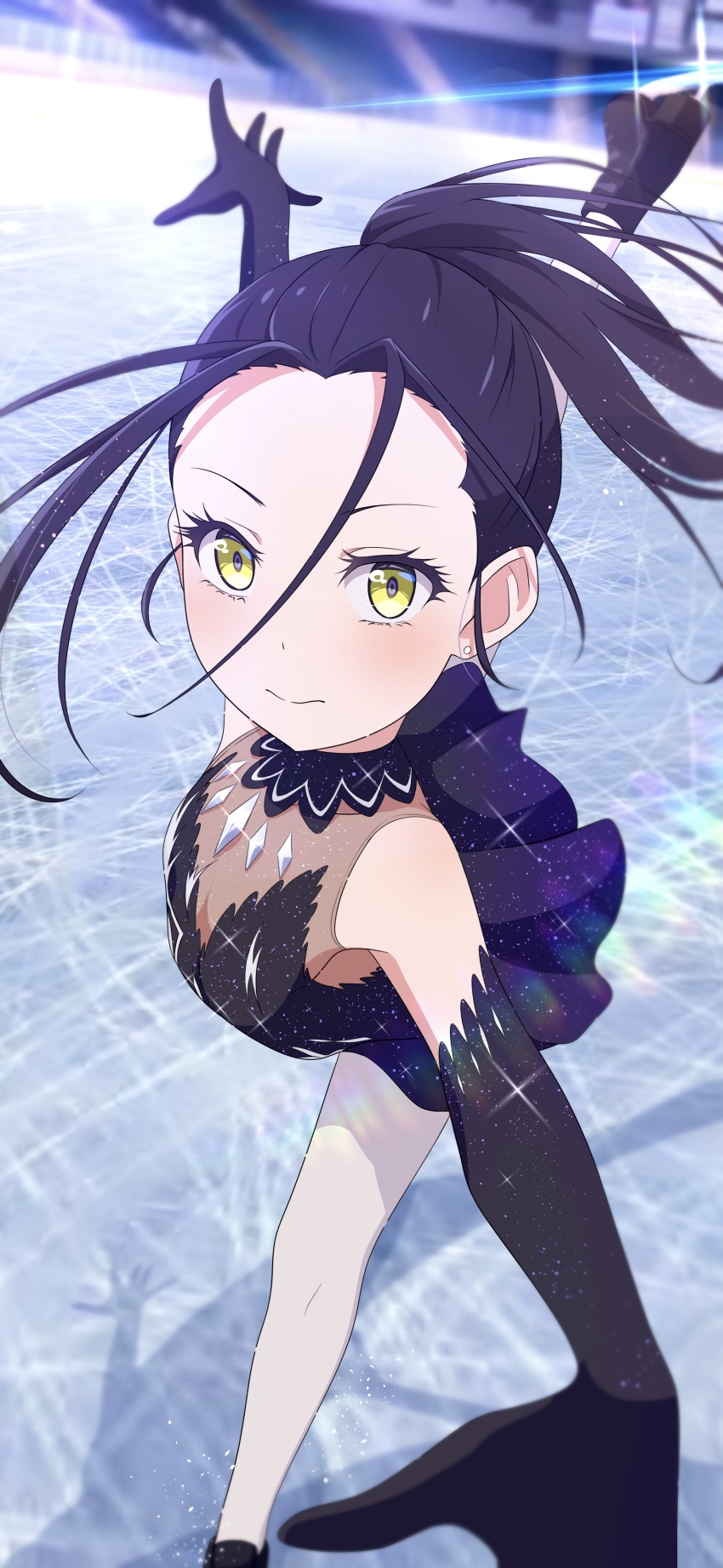 1girl absurdres black_dress black_gloves black_hair blush closed_mouth commentary_request dress earrings elbow_gloves figure_skating figure_skating_dress gloves highres ice_skates ice_skating jewelry kamisaki_hikaru leg_up long_hair looking_at_viewer medalist_(manga) na-suke skates skating skating_rink solo stud_earrings yellow_eyes
