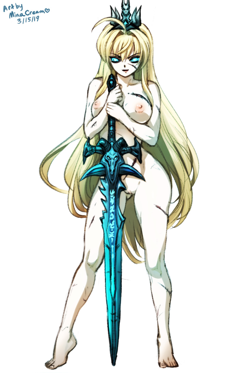 1girl absurdres black_theme blonde_hair blue_eyes breasts commission crossover crown cuts damage frostmourne gloves glowing glowing_eyes highres inda_no_himekishi_jeanne injury jeanne_grenoble looking_at_viewer mina_cream nude pale_skin resting skull thighs undead warcraft world_of_warcraft