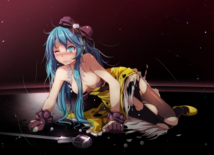 1girl aqua_eyes arm_support bare_arms bare_shoulders black_bow black_gloves black_pantyhose blue_hair blush bow breasts broken_necklace cleavage clenched_hands clenched_teeth convenient_censoring dress female_focus full_body gem gloves gradient_background hair_bow hair_censor hatsune_miku hatsune_miku_(siren) highres jewelry kochira_koufuku_anshin_iinkai_desu_(vocaloid) long_hair looking_away lying medium_breasts messy_hair microphone microphone_stand nail_polish necklace nose_blush on_floor on_side one_breast_out one_eye_closed pantyhose pearl_(gemstone) pearl_necklace project_diva_(series) red_background shoes solo strapless strapless_dress tearing_up tears teeth torn_clothes torn_gloves torn_pantyhose tsukishiro_saika v-shaped_eyebrows very_long_hair vocaloid yellow_dress yellow_shoes