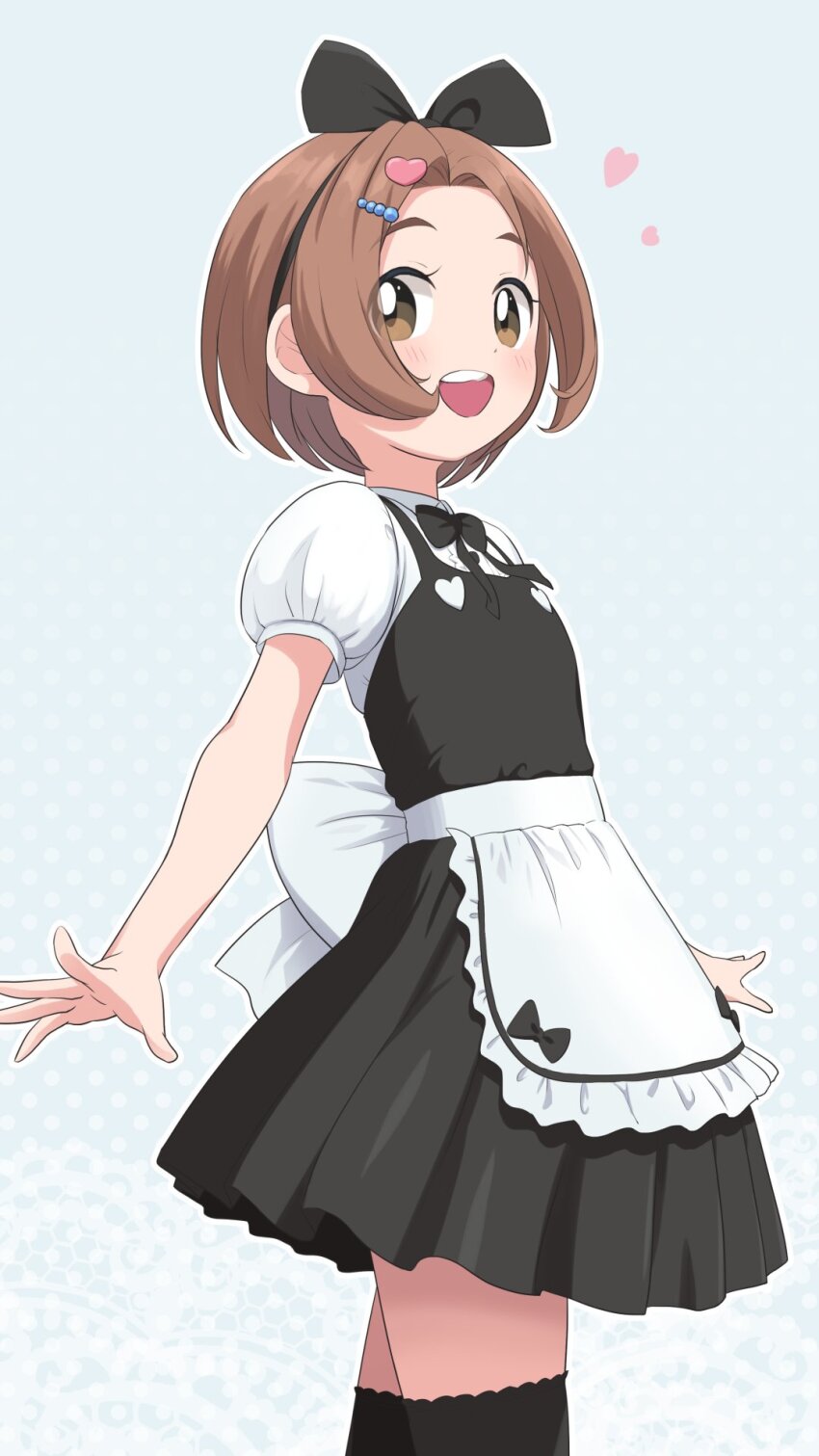1girl :d apron back_bow black_bow black_bowtie black_dress black_hairband black_thighhighs bow bow_hairband bowtie brown_eyes brown_hair center_frills collared_shirt commentary_request dress dress_shirt eyes_visible_through_hair frilled_apron frills hair_bow hair_ornament hairband heart heart_hair_ornament highres idolmaster idolmaster_cinderella_girls looking_at_viewer maid open_mouth outline parted_bangs pinafore_dress puffy_short_sleeves puffy_sleeves ryuzaki_kaoru shirt short_hair short_sleeves sleeveless sleeveless_dress smile solo teeth thighhighs upper_teeth_only white_apron white_bow white_outline white_shirt yama_tatsuo