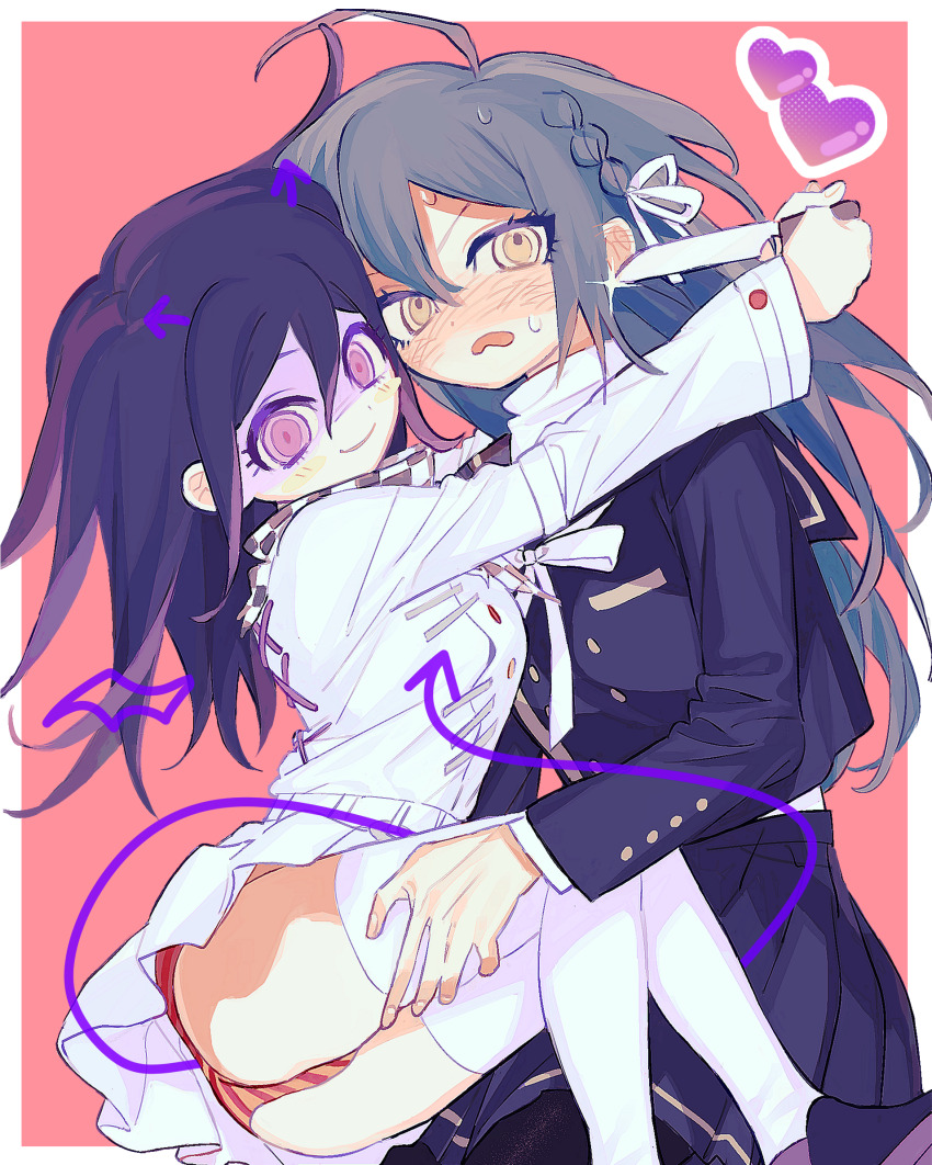 2girls ahoge blue_hair blush border checkered_clothes checkered_scarf crazy_eyes danganronpa_(series) danganronpa_v3:_killing_harmony evil_smile genderswap genderswap_(mtf) hair_between_eyes hair_ribbon heart highres holding holding_knife knife laz_(wancchaco) long_hair looking_at_object looking_at_viewer multiple_girls oma_kokichi open_mouth panties pink_background pleated_skirt purple_eyes purple_hair ribbon saihara_shuichi scarf school_uniform shaded_face sketch skirt smile straitjacket sweat thighhighs thighs underwear white_border white_ribbon white_thighhighs yellow_eyes yuri