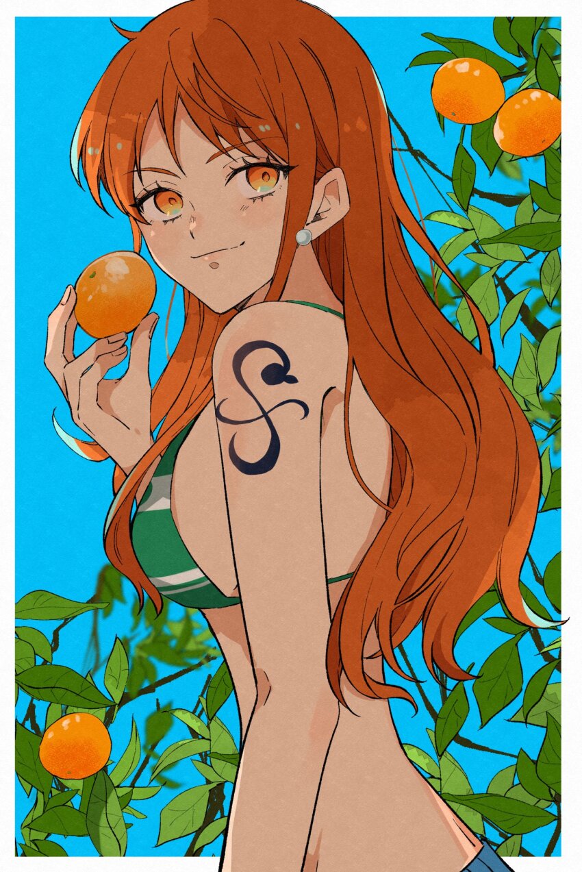 1girl ao_sn_op bare_arms bare_shoulders bikini bikini_top_only blue_pants blue_sky border branch breasts closed_mouth commentary denim earrings eyelashes food from_side fruit green_bikini hair_behind_ear halterneck highres holding holding_food holding_fruit jeans jewelry long_hair looking_at_viewer looking_to_the_side mandarin_orange medium_breasts midriff nami_(one_piece) nami_(one_piece)_(return_to_sabaody) one_piece orange_eyes orange_hair orange_tree outside_border pants pearl_earrings shoulder_tattoo single_sidelock sky smile solo stud_earrings swimsuit tattoo upper_body wavy_hair white_border