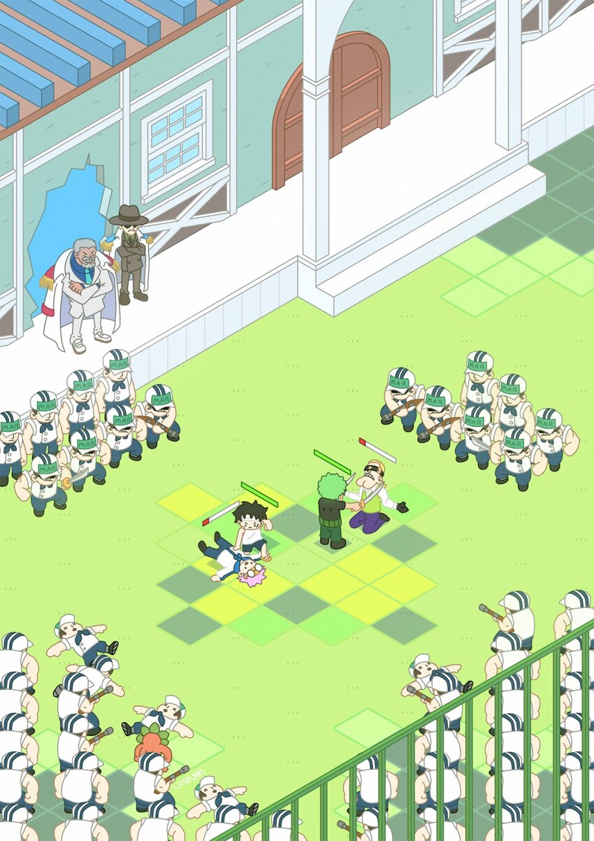 6+boys black_gloves black_hair bogard_(one_piece) commentary crossed_arms epaulettes formal_clothes gloves grandfather_and_grandson grass green_hair gun haramaki hat helmeppo highres holding holding_gun holding_weapon koby_(one_piece) lv5plant marine_(one_piece) monkey_d._garp monkey_d._luffy multiple_boys one_piece pink_hair roronoa_zoro short_hair suit sunglasses weapon
