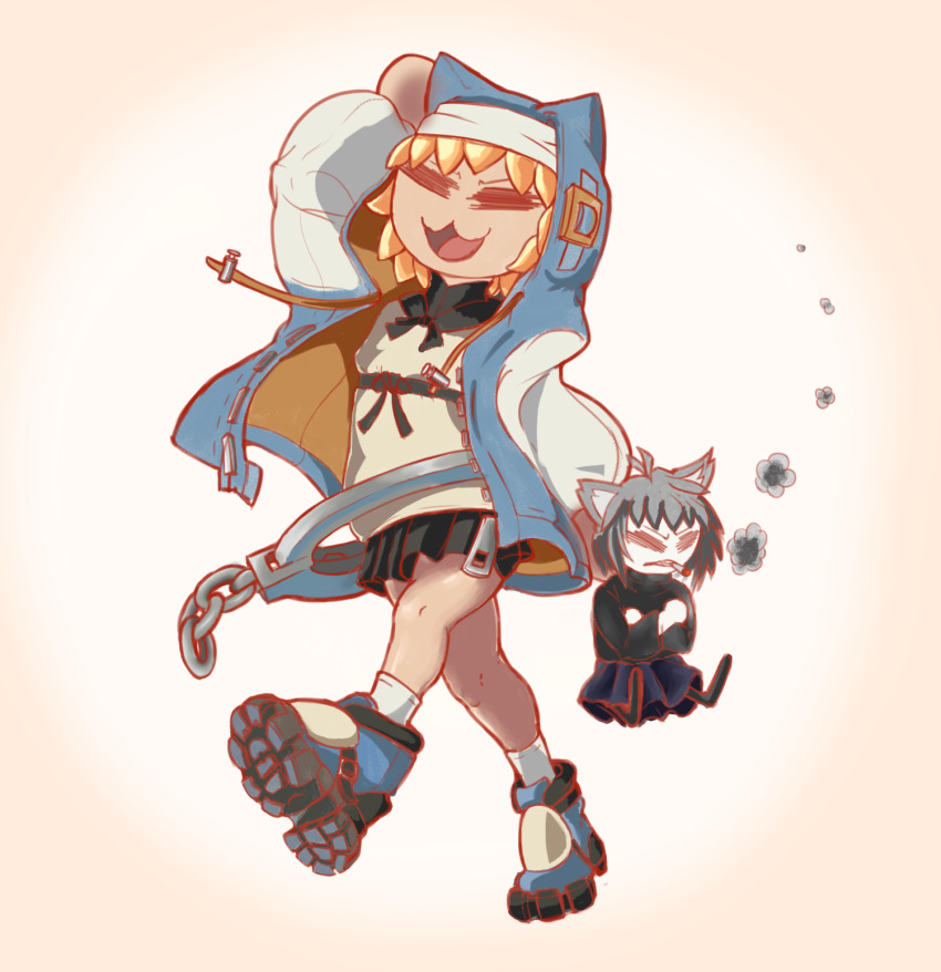 1boy 1other :3 =_= animal_hood ankle_boots black_skirt blonde_hair blue_footwear blue_hoodie boots bridget_(guilty_gear) bridget_(guilty_gear)_(cosplay) cat_hood chain chibi commentary cosplay cuffs drawstring english_commentary guilty_gear guilty_gear_strive handcuffs highres hood hood_up hoodie luminus14 male_focus melty_blood melty_blood:_type_lumina neco-arc neco-arc_chaos open_clothes open_hoodie short_hair skirt smoking socks trap tsukihime walking white_background white_socks