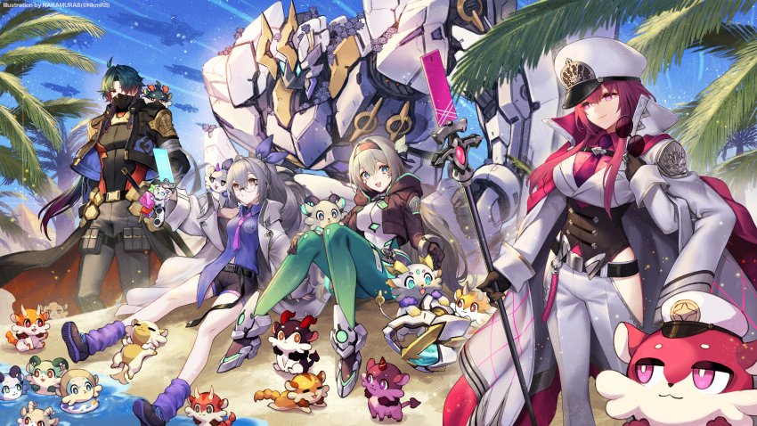1boy 3girls :d absurdres alternate_costume beach belt black_belt black_gloves black_jacket black_mask black_shoes black_shorts blade_(honkai:_star_rail) blue_pupils bodysuit breasts chimera_(honkai:_star_rail) closed_mouth clothing_cutout coat creature cropped_jacket firefly_(honkai:_star_rail) glasses gloves gradient_eyes green_pantyhose grey_hair hat helmet highres honkai:_star_rail honkai_(series) hoyofair jacket kafka_(honkai:_star_rail) knees_up large_breasts long_hair long_sleeves mask mecha medium_breasts mouth_mask multicolored_eyes multiple_girls nakamura_eight necktie open_clothes open_coat open_jacket open_mouth outdoors palm_leaf palm_tree pantyhose peaked_cap pink_necktie purple_hair purple_socks robot sand shirt shoes short_shorts shorts silver_wolf_(honkai:_star_rail) sitting sky smile socks standing thigh_cutout thighs tree water white_coat