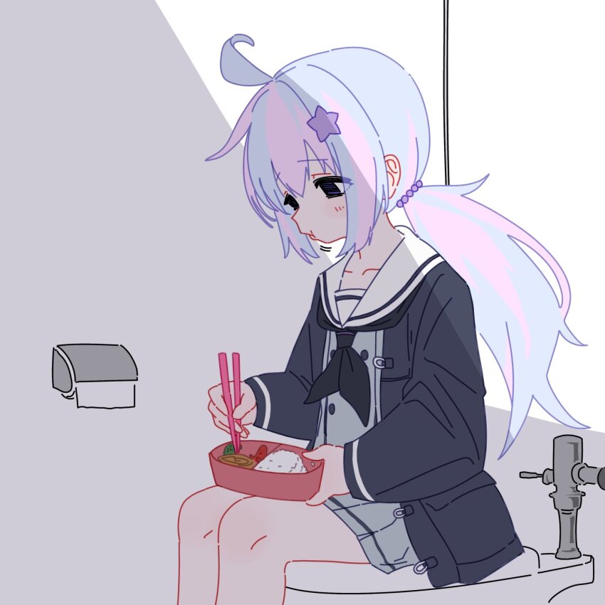 1girl ahoge beads black_eyes black_jacket black_ribbon blue_archive blue_hair blush chopsticks closed_mouth food_in_mouth hair_beads hair_between_eyes hair_ornament highres holding holding_bento holding_chopsticks jacket long_hair no_pupils ohajiki_0000 ponytail reisa_(blue_archive) ribbon sailor_collar sidelocks skirt solo toilet white_sailor_collar white_skirt