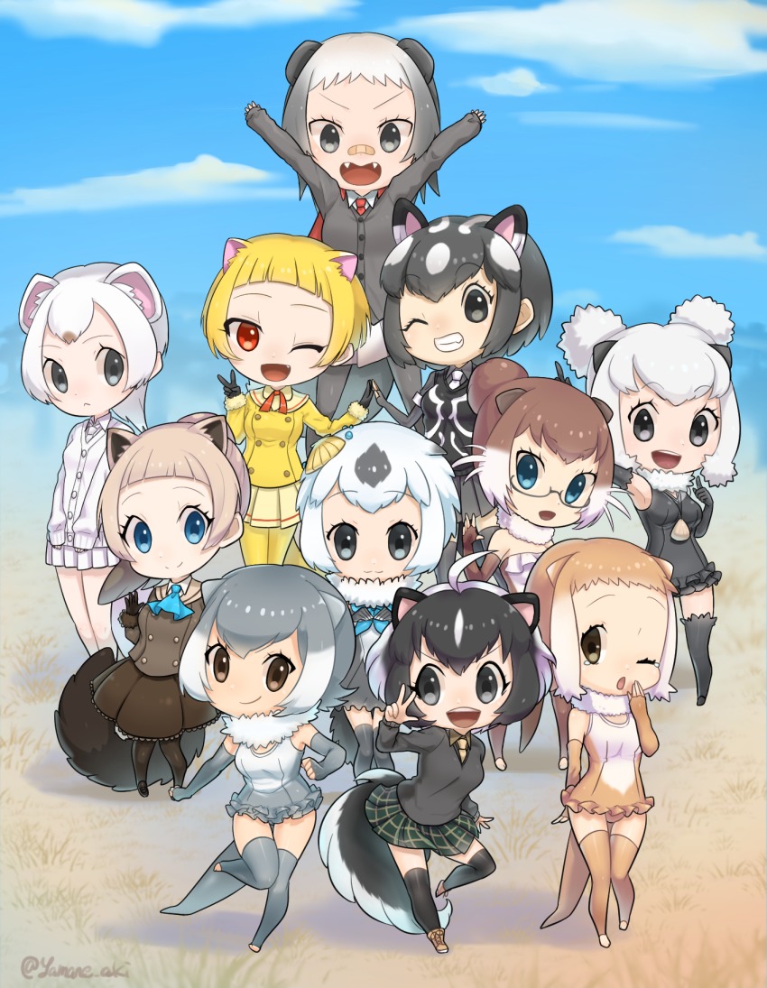 &gt;:) &gt;:d 10s 6+girls :&lt; :3 :d ;d ;o aki_yamane alaskan_sea_otter_(kemono_friends) animal_ears arm_at_side arm_up armpits arms_up artistic_error ascot bad_perspective bandaid bandaid_on_face bandaid_on_nose bare_shoulders beige_boots beige_gloves beige_skirt black_cardigan black_eyes black_gloves black_hair black_legwear black_one-piece_swimsuit blonde_hair blue_ascot blue_eyes blue_neckerchief blue_sky blunt_bangs boots brown_eyes brown_gloves brown_hair brown_jacket brown_one-piece_swimsuit brown_shirt brown_skirt buttons californian_sea_otter_(kemono_friends) cape cardigan chibi clenched_hands cloud cloudy_sky collar collared_shirt commentary_request covering_own_mouth cross-laced_footwear day dot_nose double_bun elbow_gloves eurasian_otter_(kemono_friends) eyelashes fang fangs fingerless_gloves frilled_skirt frilled_swimsuit frills full_body fur-trimmed_sleeves fur_collar fur_trim glasses gloves gradient_hair grass green_skirt grey-framed_eyewear grey_cardigan grey_eyes grey_gloves grey_hair grey_legwear grey_one-piece_swimsuit grey_shirt grey_skirt grin hair_bun hand_up hands_up highres index_finger_raised jacket japanese_marten_(kemono_friends) japanese_otter_(kemono_friends) jewelry kemono_friends leg_lift light_brown_hair long_hair long_sleeves looking_at_another looking_at_viewer looking_to_the_side marten_ears medium_hair multicolored_hair multicolored_swimsuit multiple_girls neck_ribbon neckerchief necklace necktie one-piece_swimsuit one_eye_closed open_hand open_mouth otter_ears otter_tail outdoors own_hands_together pantyhose plaid_clothes plaid_skirt pleated_skirt ratel_(kemono_friends) ratel_ears red_cape red_eyes red_necktie red_ribbon ribbon sable_(kemono_friends) sable_ears sable_tail semi-rimless_eyewear shadow shell shell_hair_ornament shell_necklace shirt shoelaces short_hair short_sleeves single_hair_bun skirt skunk_ears skunk_tail sky sleepy small-clawed_otter_(kemono_friends) smile southern_sea_otter_(kemono_friends) spotted_skunk_(kemono_friends) standing standing_on_one_leg stoat_(kemono_friends) strapless strapless_one-piece_swimsuit striped_skunk_(kemono_friends) swimsuit symmetrical_hand_pose tail tareme tears teeth thighhighs tree tsurime twitter_username two-tone_hair under-rim_eyewear upper_teeth_only v v-shaped_eyebrows vest waving weasel_ears white_hair white_necktie white_one-piece_swimsuit white_shirt white_skirt yawning yellow_jacket yellow_legwear yellow_necktie zettai_ryouiki