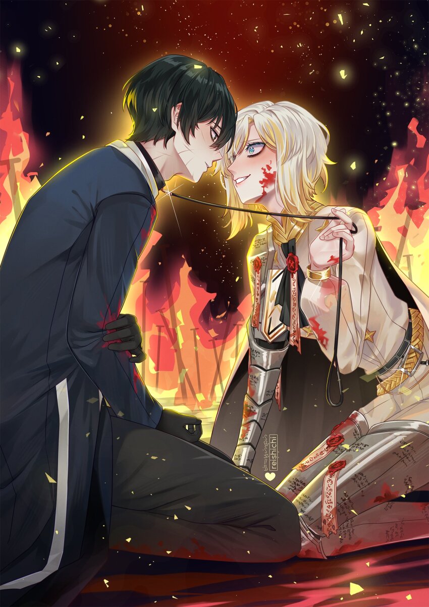 absurdres armor black_eyes black_hair blade_lineage_(identity)_(project_moon) blonde_hair blood blood_on_clothes blood_on_face blue_eyes faust_(project_moon) fire gloves grin highres holding holding_leash leash limbus_company n_corp._fanatic_(identity)_(project_moon) project_moon reishichi scar scar_on_face smile white_hair yi_sang_(project_moon)