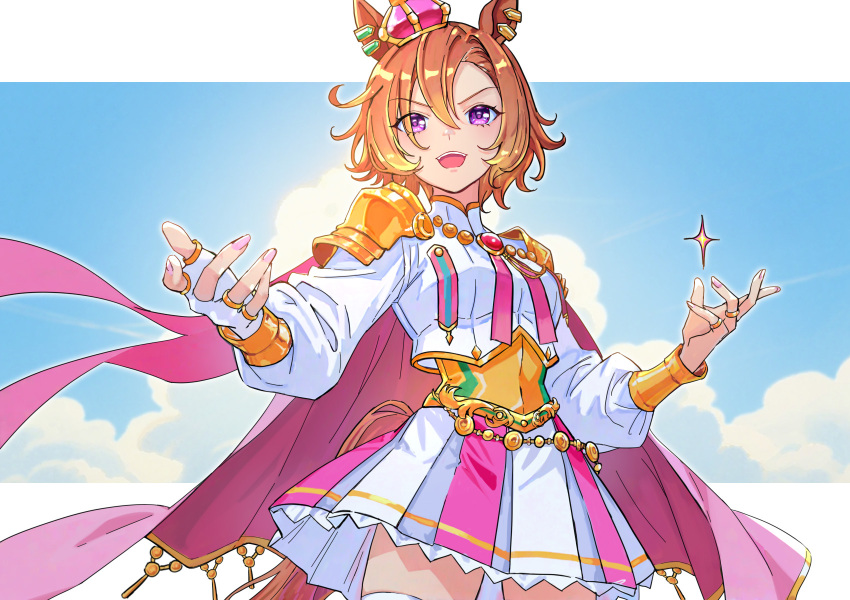1girl animal_ears armor banhuaaidie breasts cape commentary_request corset cowboy_shot crown dutch_angle ear_piercing fingerless_gloves gloves grin hair_between_eyes highres horse_ears horse_girl horse_tail long_sleeves mini_crown one_eye_closed orange_hair outstretched_arms piercing pink_cape pink_eyes shirt short_hair shoulder_armor skirt small_breasts smile solo t.m._opera_o_(umamusume) tail thighhighs two-tone_shirt umamusume white_gloves white_shirt white_thighhighs wind zettai_ryouiki