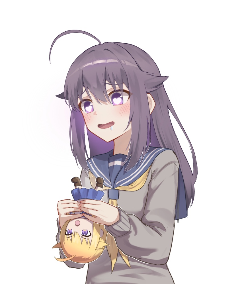 1girl ahoge artist_name blonde_hair blue_sailor_collar blush breasts cameo character_doll doll drooling female_pervert highres holding holding_doll holding_stuffed_toy imagining implied_yuri koshi_anko_(shikanoko) koshi_torako linhcoris long_hair long_sleeves medium_breasts neckerchief open_mouth pervert purple_eyes purple_hair sailor_collar school_uniform serafuku shikanoko_nokonoko_koshitantan shirt siscon skirt smile stuffed_toy twitter_username white_shirt yellow_neckerchief