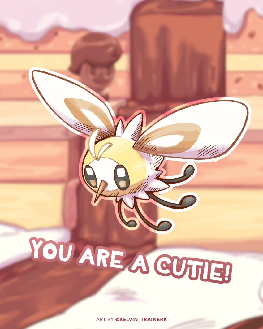 blurry blurry_background commentary cutiefly english_text full_body gen_7_pokemon highres kelvin-trainerk looking_down nintendo no_humans outline pokemon pokemon_(creature) pokemon_focus solo twitter_username watermark