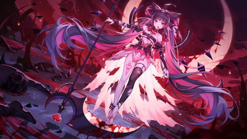 1girl alllisso anklet artist_name barefoot black_hair black_thighhighs blood blood_on_face blood_on_feet blood_on_ground blood_on_mouth bloody_weapon chest_jewel commission crescent_moon death detached_sleeves double_bun dutch_angle ear_piercing expressionless fingernails flat_chest gem gradient_sky hair_bun hair_ears heart-shaped_gem highres holding holding_sickle holding_weapon indie_virtual_youtuber jewelry leg_tattoo long_hair looking_at_viewer mikazuki_silvi moon multicolored_hair nail_polish night official_alternate_costume official_art outdoors piercing pink_hair pointy_ears red_eyes red_gemstone red_nails red_sky sharp_fingernails sharp_toenails single_thighhigh skirt sky solo streaked_hair tattoo thighhighs thighs toenail_polish toenails torn_clothes torn_skirt torn_thighhighs triple_ahoge twintails very_long_hair weapon