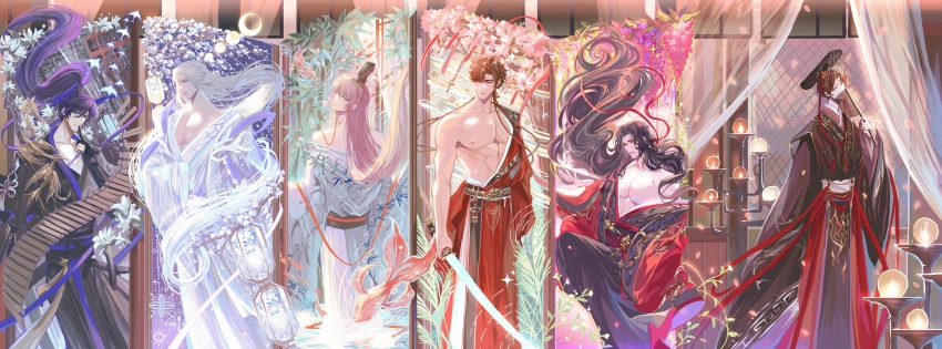 1girl 5boys absurdres air_bubble alcohol aqua_coat arm_guards arms_at_sides asymmetrical_bangs azalea_(flower) bamboo bamboo_print bamboo_slips bare_pectorals bare_shoulders bird black_gloves black_hair black_hanfu black_robe black_sash blue_ribbon blue_sash braid branch brown_eyes brown_hair bubble candle candlestand chin_strap chinese_clothes chinese_commentary closed_mouth coat code:_kite collarbone covering_own_mouth crescent_moon crossdressing cup curtained_hair curtains dao daxiushan expressionless falling_petals feet_out_of_frame finger_to_mouth fish floating_hair flower flying_fish folding_screen from_behind fu_rong_(code:_kite) gloves gold_belt goldfish guan_hat guanglingwang hadanugi_dousa hair_between_eyes hair_flowing_over hair_ribbon hair_tubes hand_fan hanfu head_tilt high_ponytail highres holding holding_cup holding_fan holding_sword holding_weapon index_finger_raised indoors lamp lantern lineup liu_bian_(code:_kite) long_hair long_sleeves looking_ahead looking_at_object looking_at_viewer looking_back looking_to_the_side male_focus mian_guan mole mole_under_eye moon moon_phases multiple_boys multiple_braids nipples off_shoulder open_clothes open_kimono open_robe orange_shawl orb paper_lantern parted_bangs parted_lips partially_fingerless_gloves pectoral_cleavage pectorals petals pink_flower plant ponytail profile purple_eyes purple_hair purple_shawl rain red_coat red_ribbon red_robe reeds reverse_trap ribbon ripples robe sakazuki sash see-through_curtains shawl short_hair shushing sideways_glance single_bare_shoulder sitting sleeves_past_fingers sleeves_past_wrists smile smirk smoke snow234 standing sun_ce_(code:_kite) swallow_(bird) swept_bangs sword toned toned_male tree tuanshan very_long_hair very_short_hair vines wading wavy_hair weapon white_eyes white_flower white_hair white_robe white_sash wide_sleeves xiao_guan_(headdress) yaopei yellow_eyes yuan_ji_(code:_kite) zuo_ci_(code:_kite)